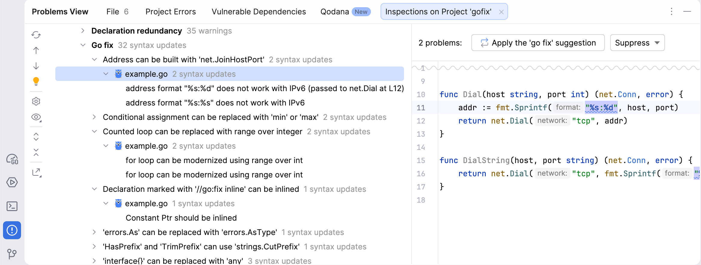 Go fix inspection group with two problems and the Apply the go fix suggestion button. Go fix inspection group with two problems and the Apply the go fix suggestion button.