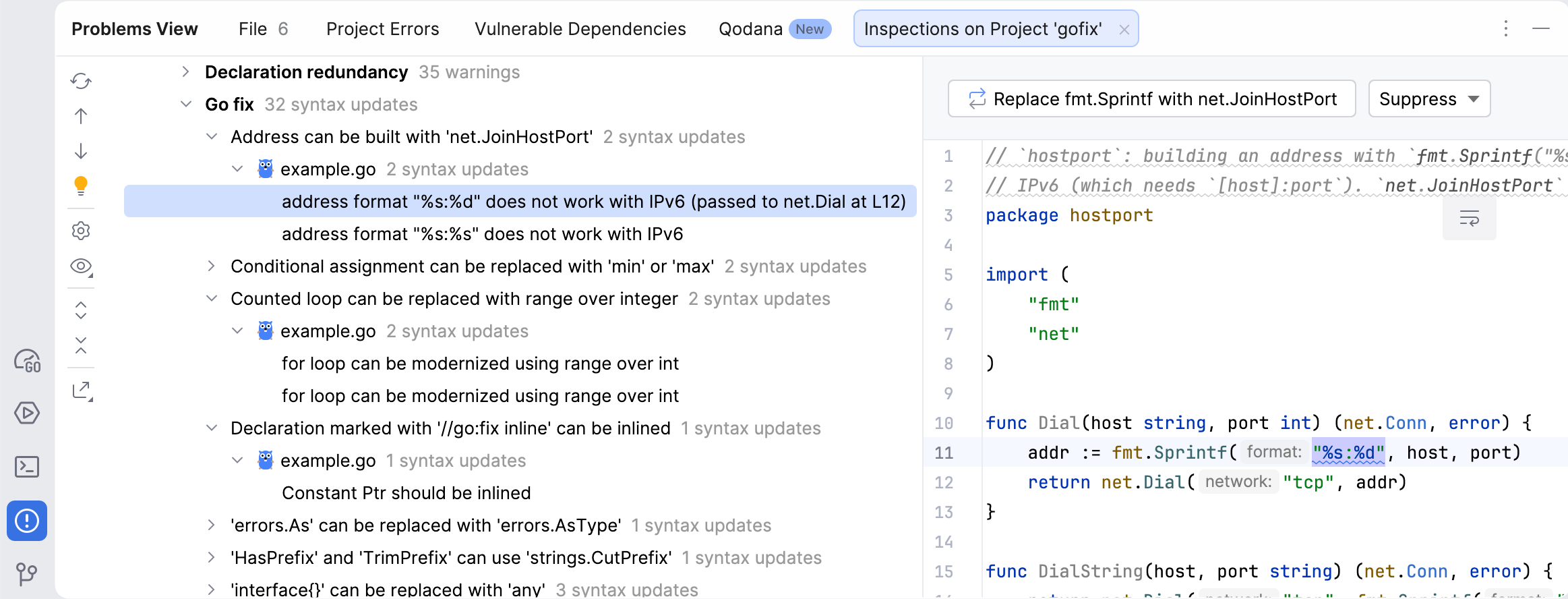 Go fix inspection group with two problems and the Apply the go fix suggestion button. Go fix inspection group with two problems and the Apply the go fix suggestion button.