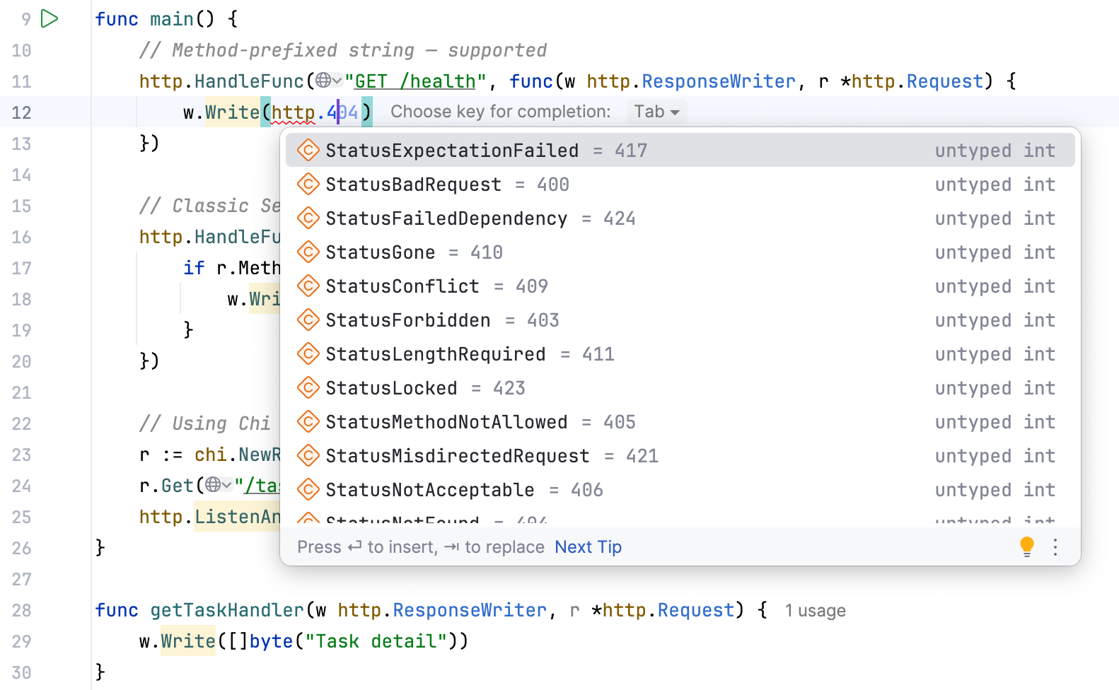 Autocomplete HTTP constants by typing the code number Autocomplete HTTP constants by typing the code number