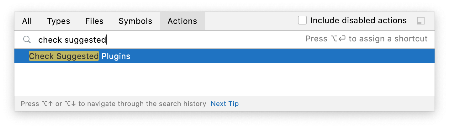 Go to Action popup showing Check Suggested Plugins as the only result, highlighted under the Actions tab.