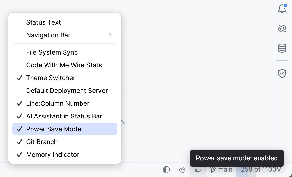 Enable Power Save Mode from the status bar Enable Power Save Mode from the status bar
