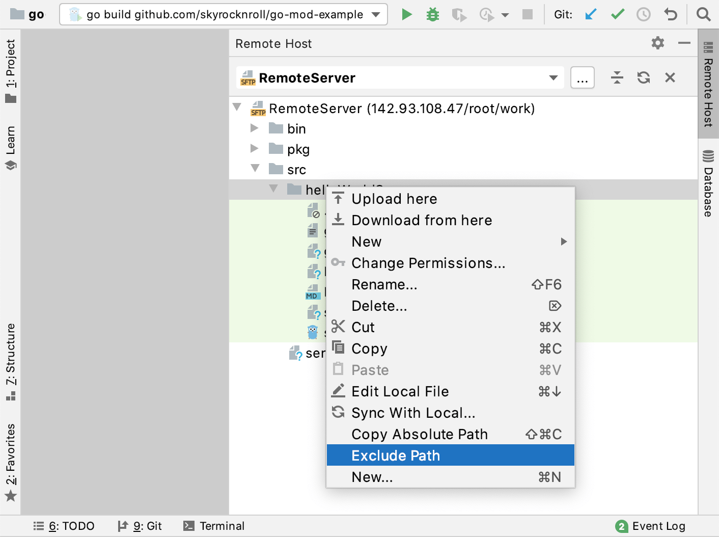 Exclude a folder in the Remote Host tool window Exclude a folder in the Remote Host tool window