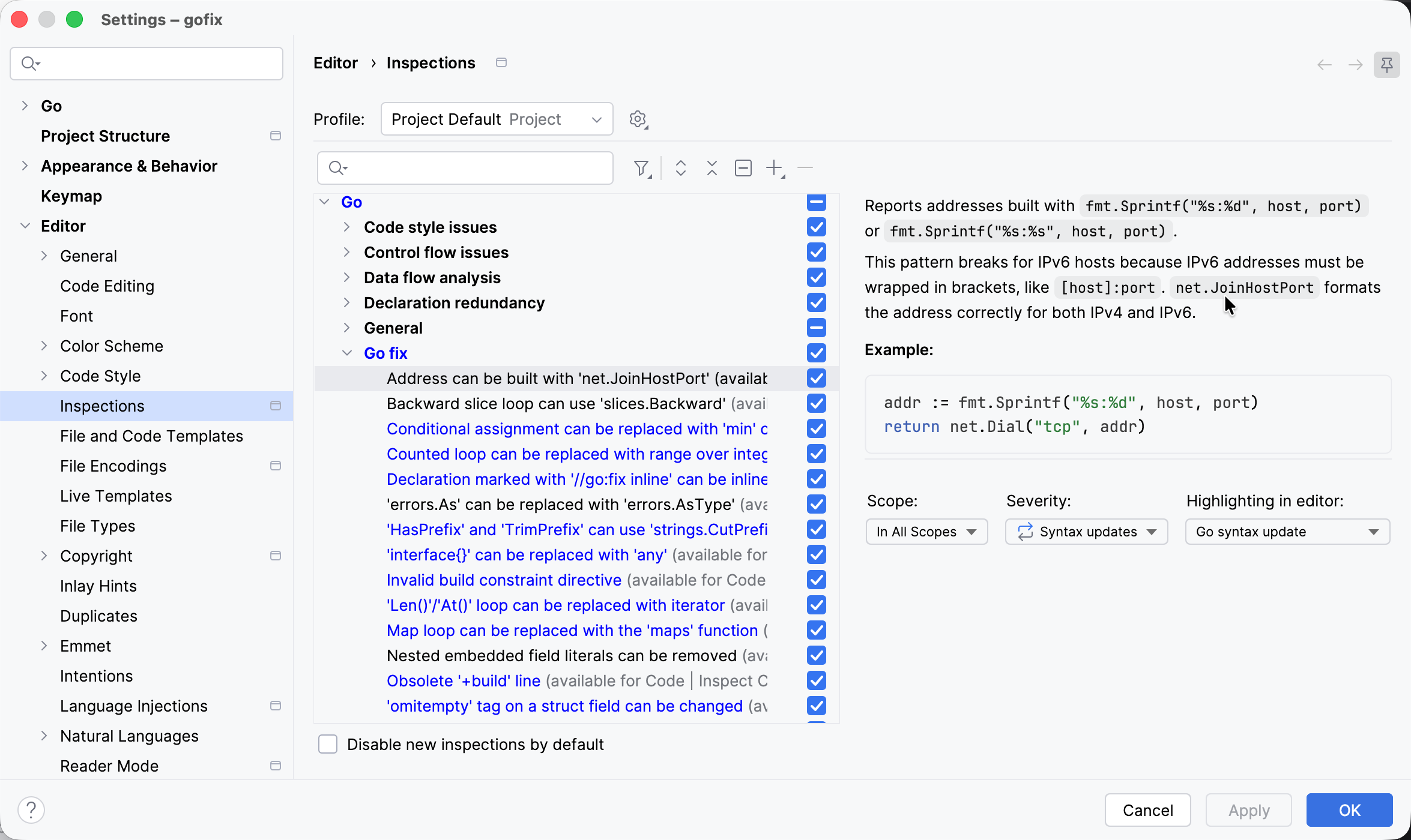 Inspections settings with the Go fix group selected and syntax update highlighting options. Inspections settings with the Go fix group selected and syntax update highlighting options.