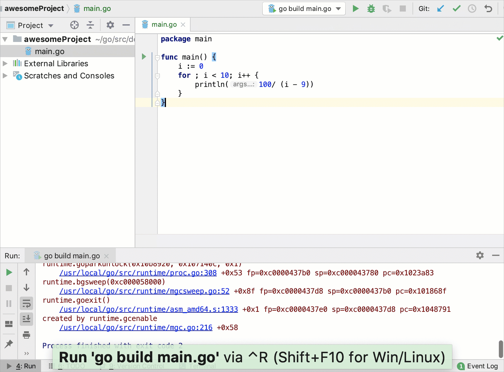 在 IntelliJ IDEA 中查看 Go 核心转储