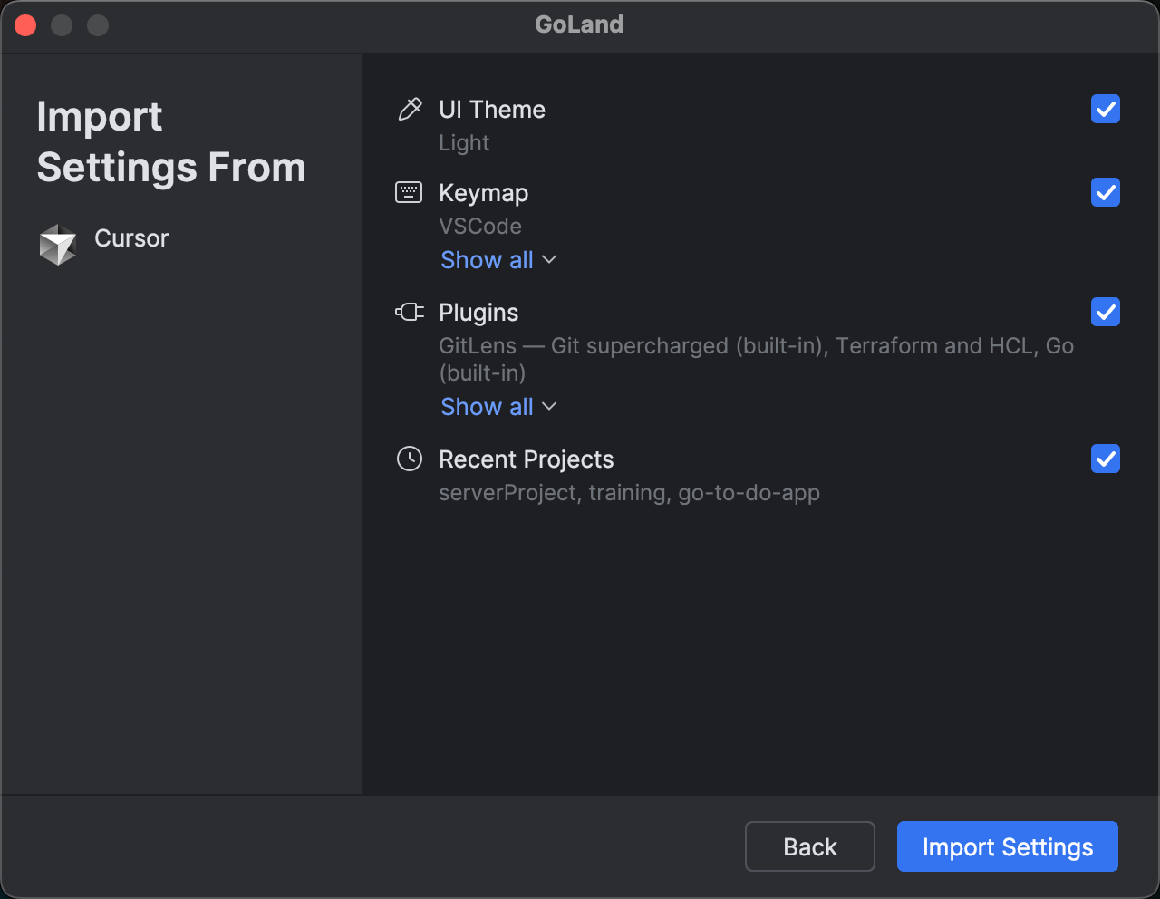 Cursor settings selection Cursor settings selection