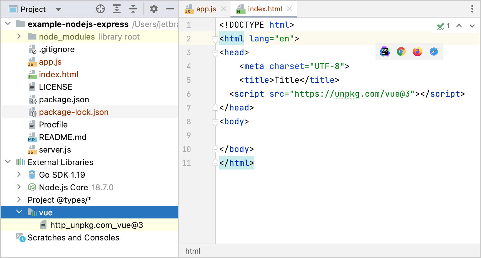 Downloaded CDN library is shown under the External Libraries node Downloaded CDN library is shown under the External Libraries node