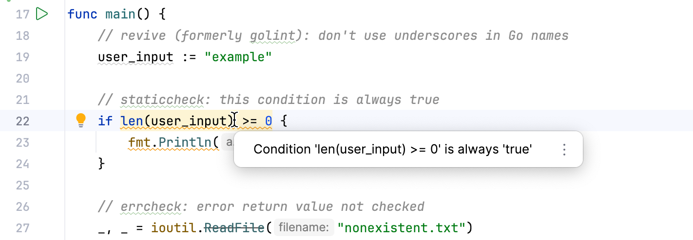 Linters are highlighted in the editor Linters are highlighted in the editor