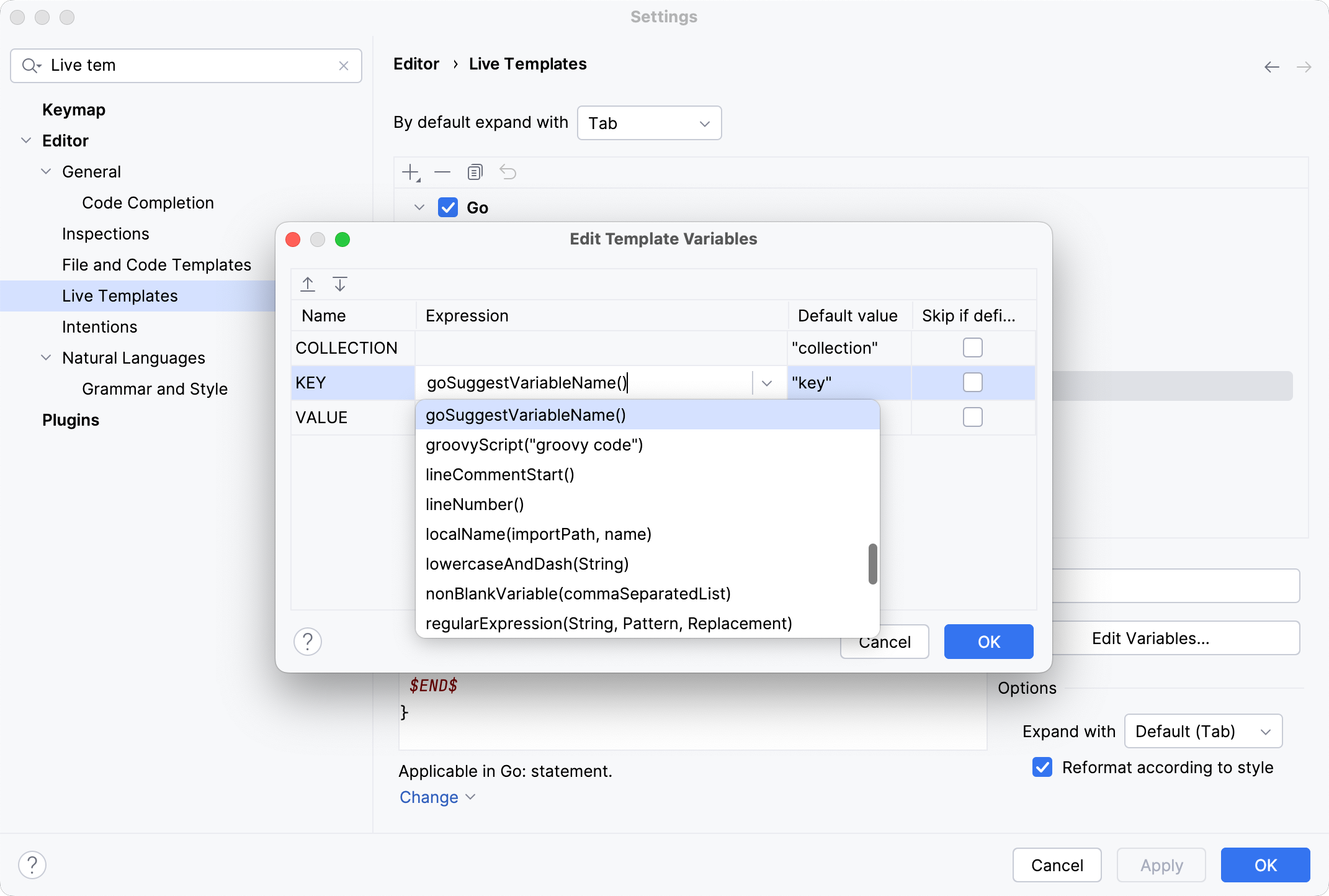 Live template variables Live template variables