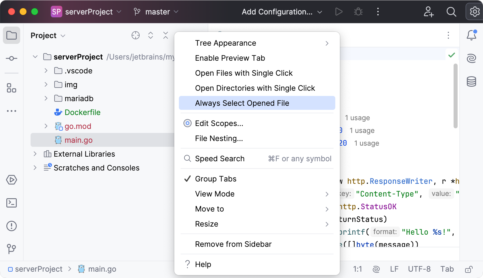 Enabling the 'Always select opened file' option Enabling the 'Always select opened file' option