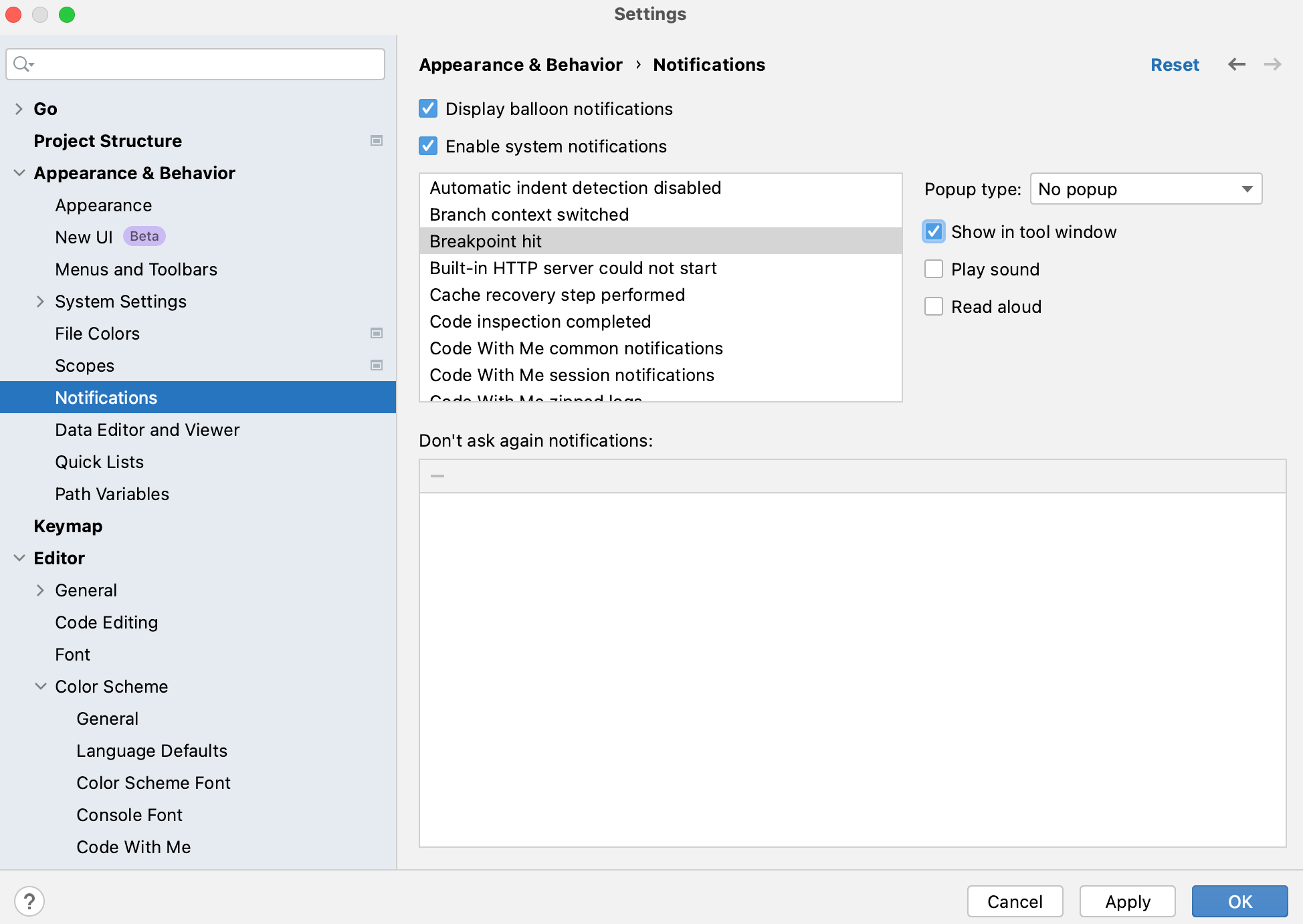 Notifications settings in GoLand with Play sound and Read aloud checkboxes available but not selected for a notification type Notifications settings in GoLand with Play sound and Read aloud checkboxes available but not selected for a notification type