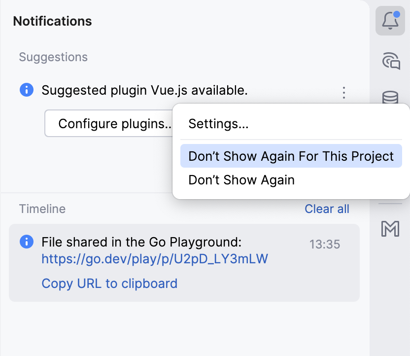 Suggestion notification with a context menu showing Settings, Don't Show Again For This Project, and Don't Show Again options Suggestion notification with a context menu showing Settings, Don't Show Again For This Project, and Don't Show Again options