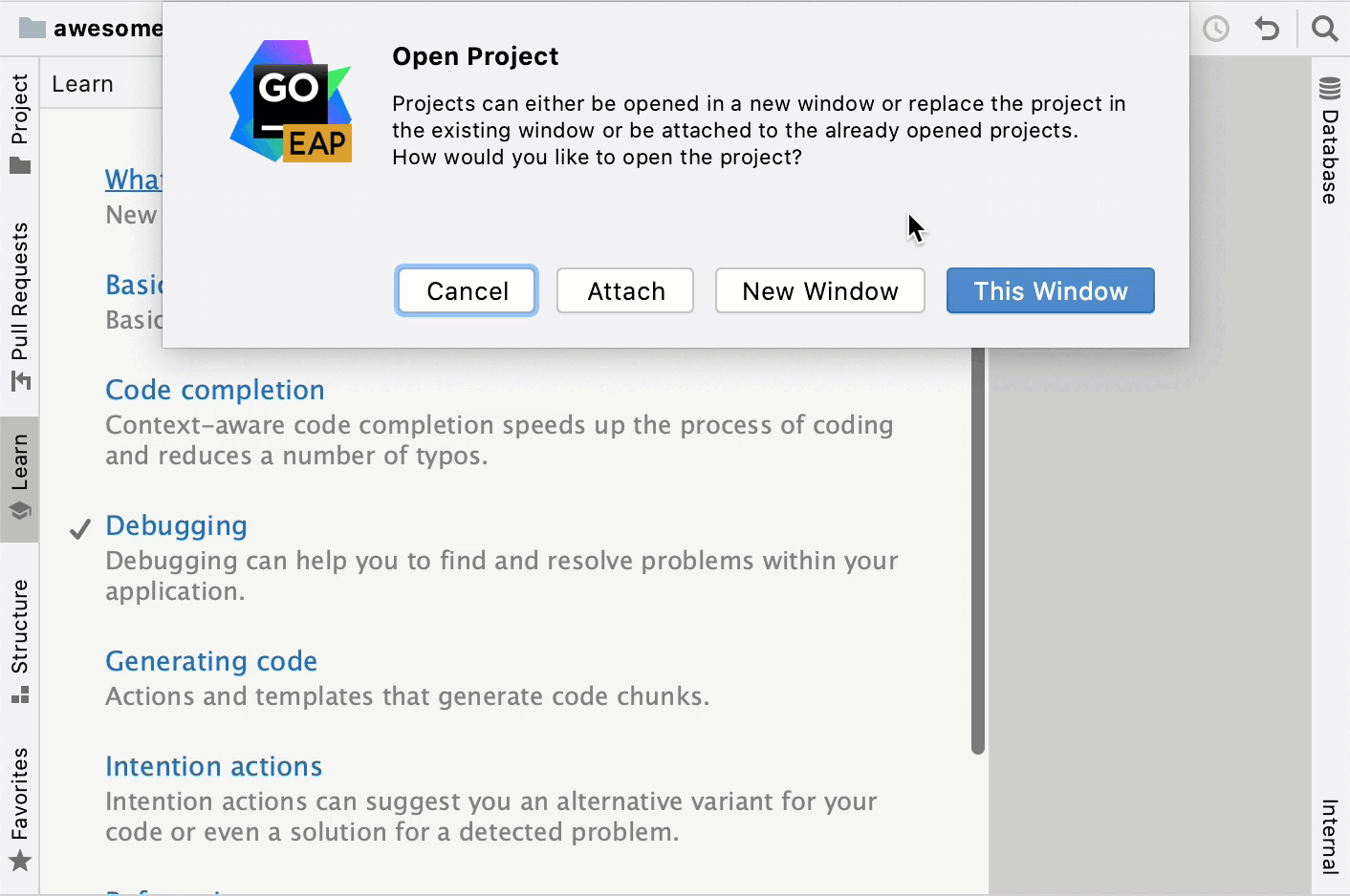 Open a lesson from the Learn tool window