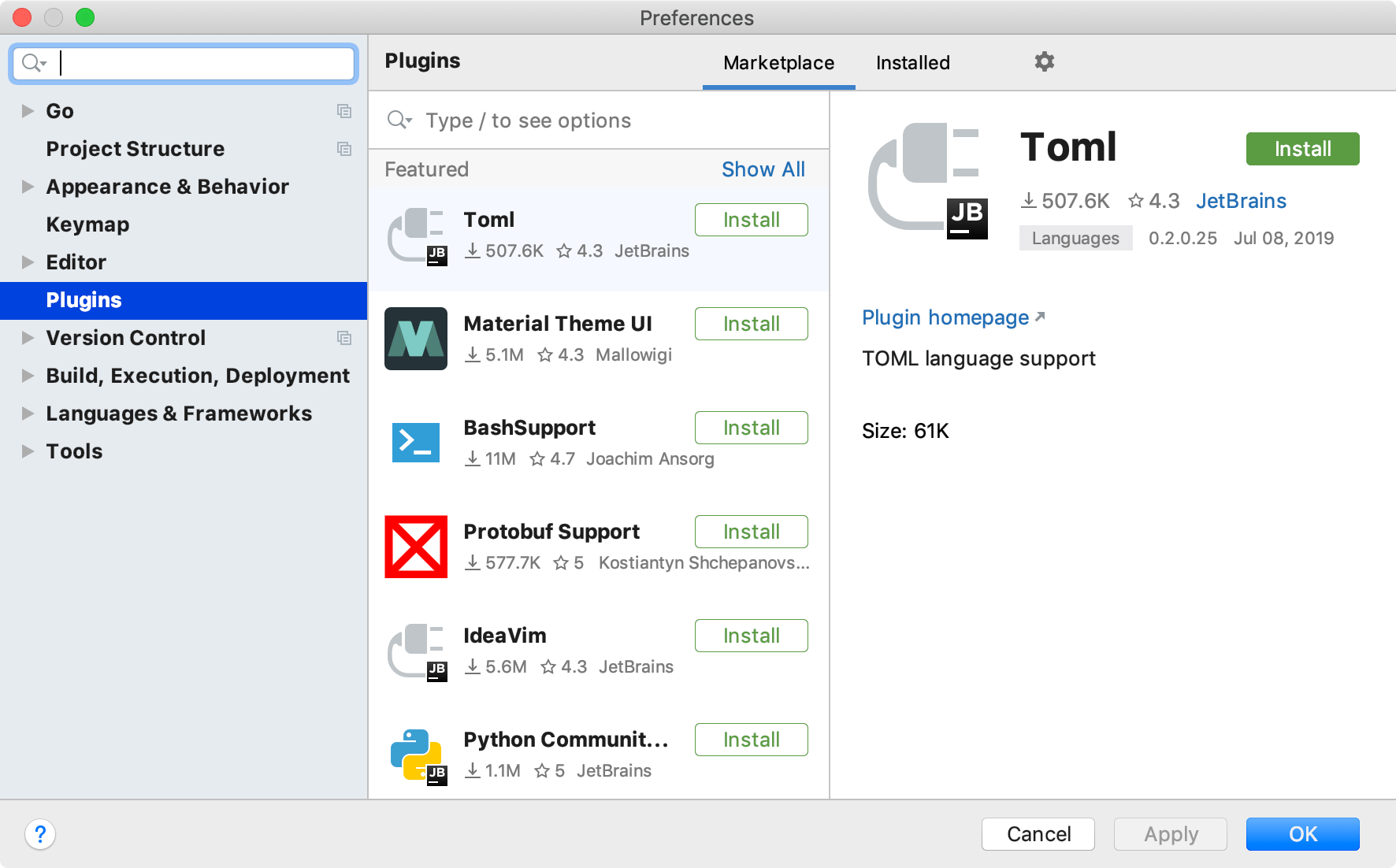 Plugins settings, Marketplace tab with Featured plugins; Toml plugin selected on the right with Install button and details.