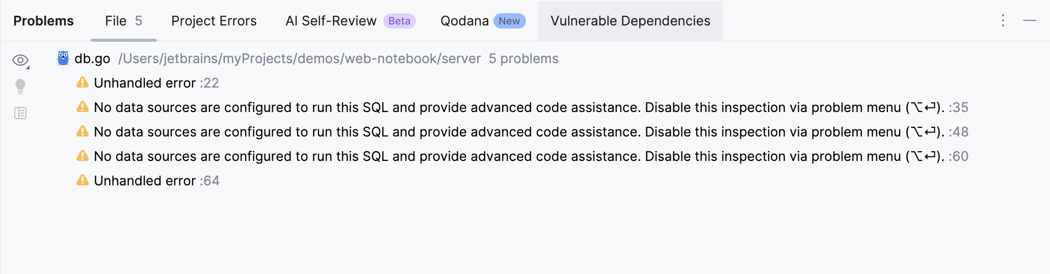 Detected problems shown in the Problems tool window Detected problems shown in the Problems tool window