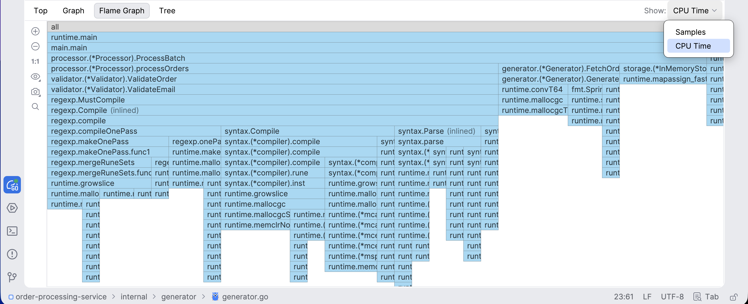 Flame graph in Go profiler Flame graph in Go profiler