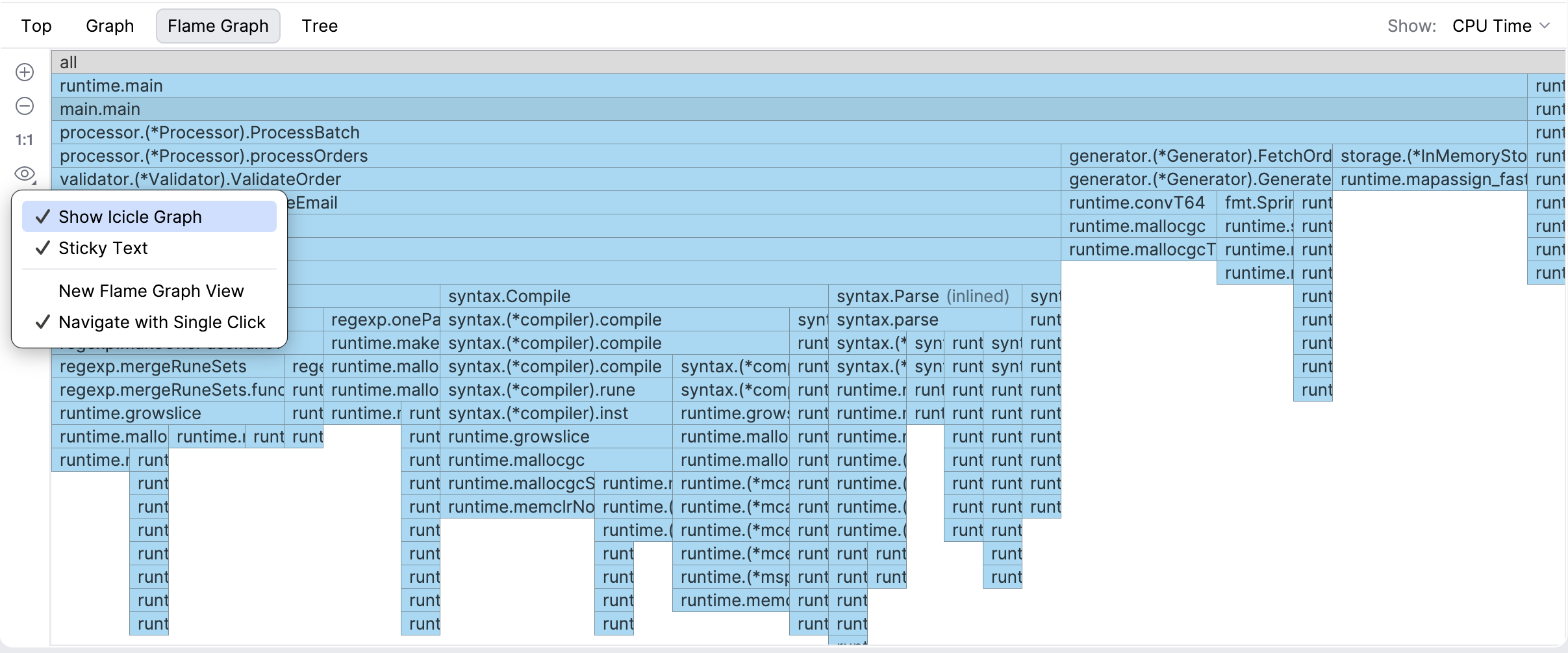 Flame graph view settings Flame graph view settings