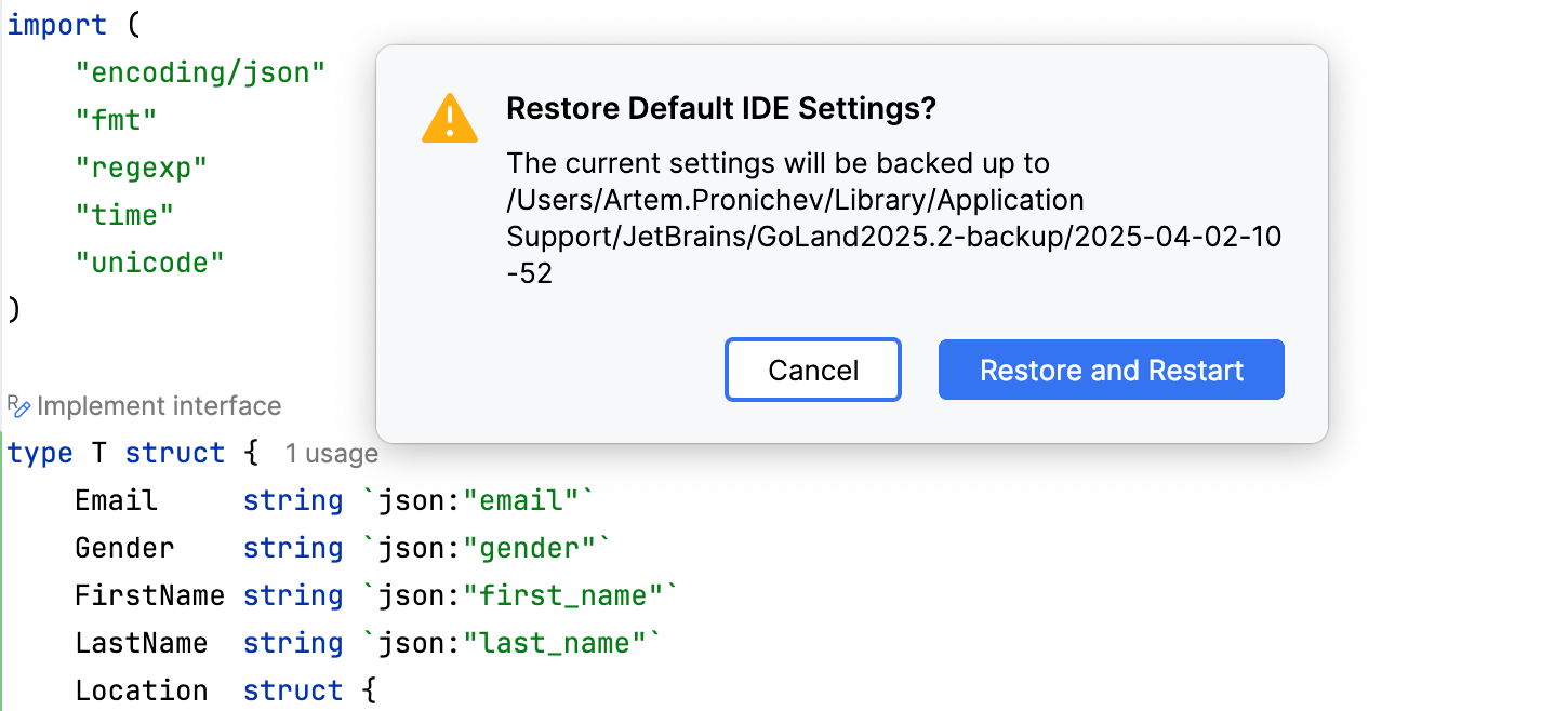 A popup prompting to confirm that you want to restore the default settings A popup prompting to confirm that you want to restore the default settings