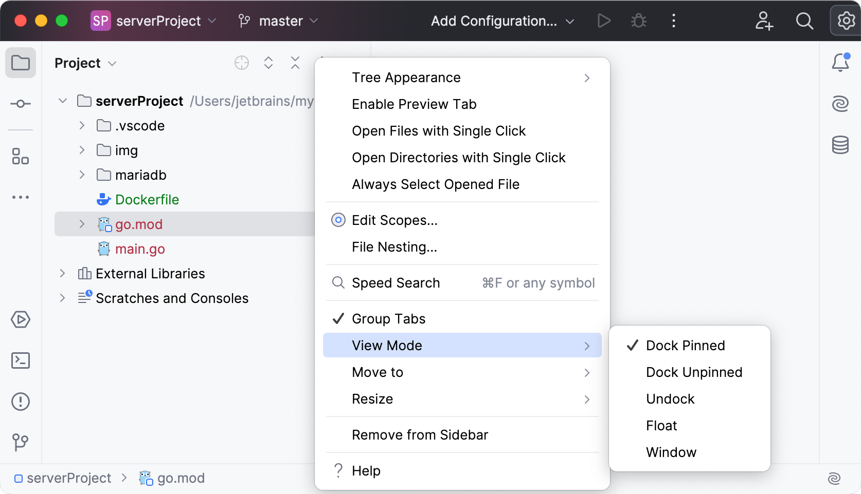 Tool window options menu: Move to Tool window options menu: Move to