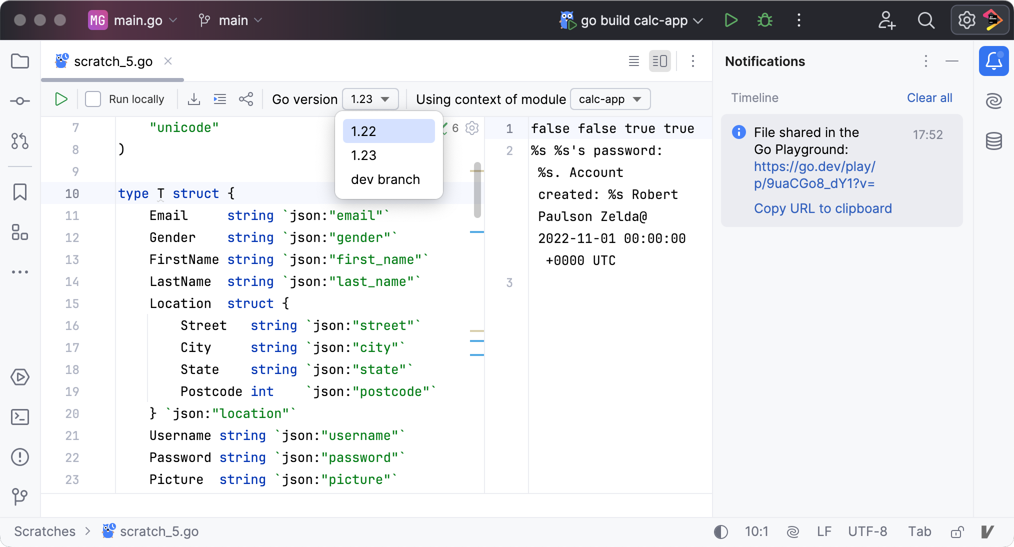 Go version selector dropdown in a scratch file with a notification showing a shared link to the Go Playground Go version selector dropdown in a scratch file with a notification showing a shared link to the Go Playground