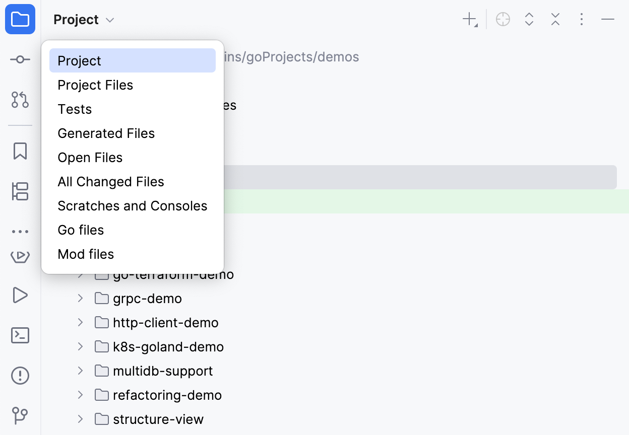 GoLand: choosing a view in the Project tool window
