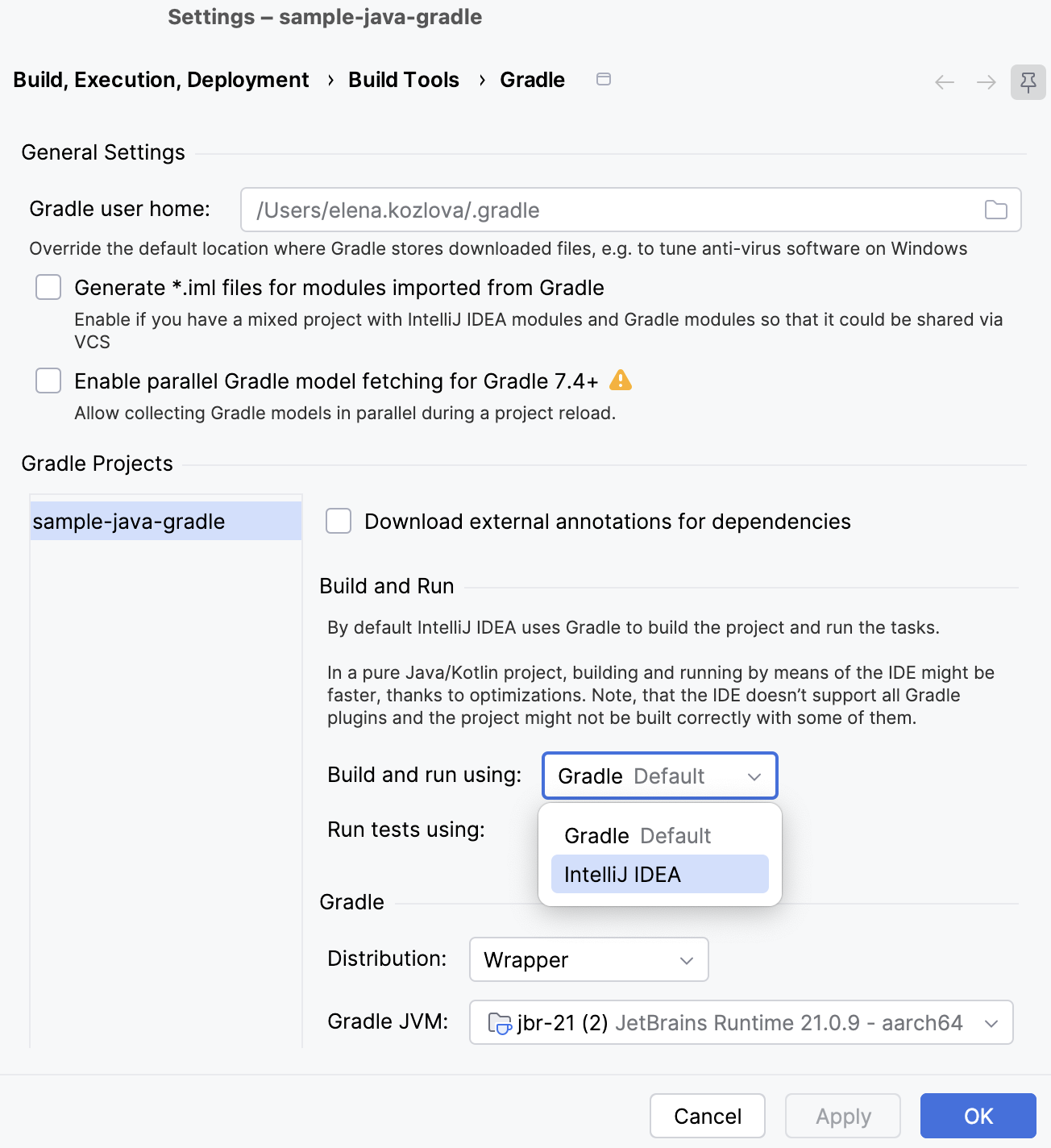 the Gradle settings the Gradle settings