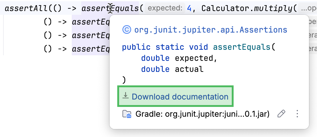 Location of the Download Documentation button in the Gradle tool window Location of the Download Documentation button in the Gradle tool window