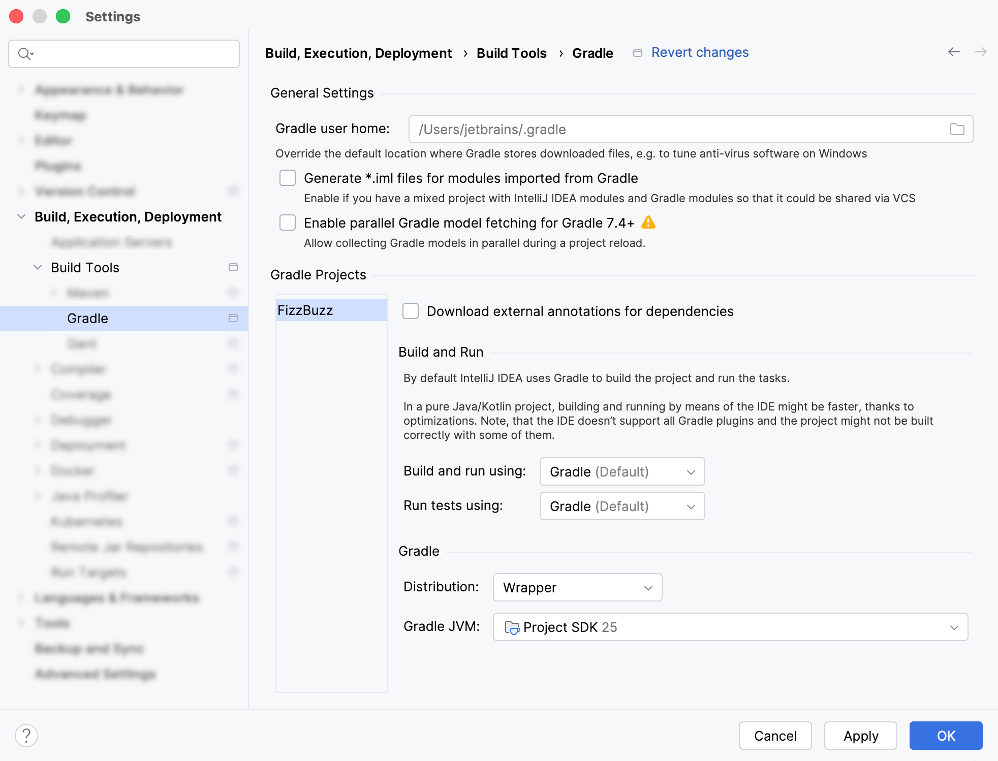 the Gradle settings the Gradle settings