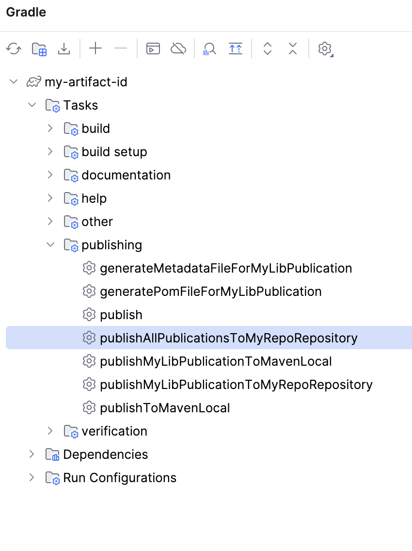 Gradle ツールウィンドウ: タスクを公開する