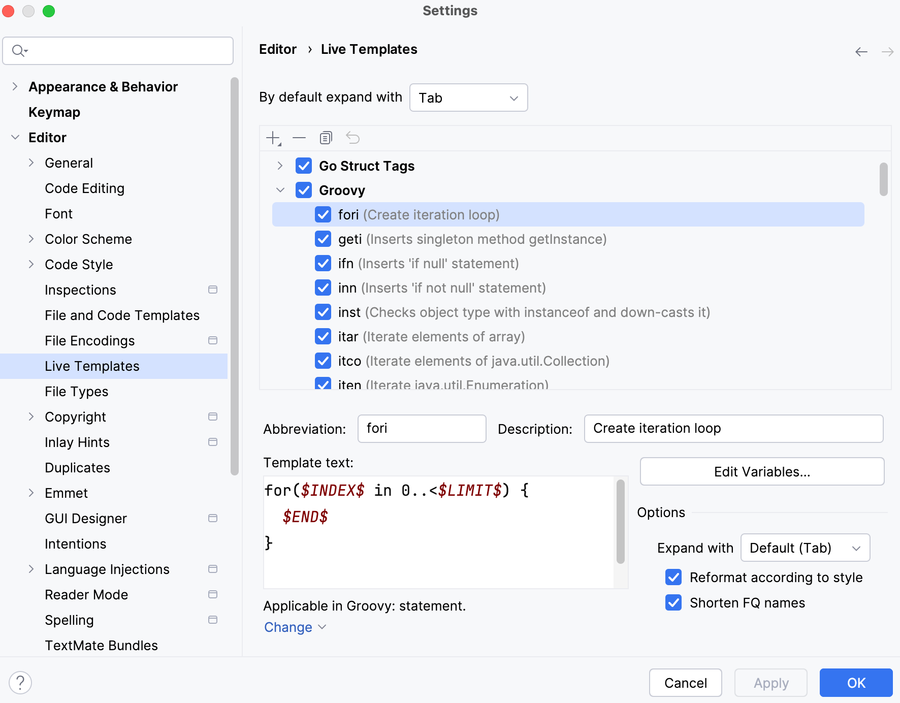 Groovy Live Templates Settings Groovy Live Templates Settings