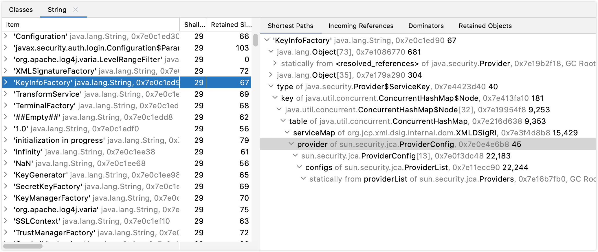 在 Profiler 工具窗口的 Object 视图中显示的类 在 Profiler 工具窗口的 Object 视图中显示的类