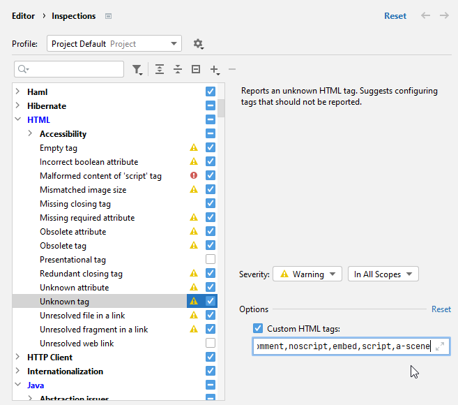 PhpStorm: Inspection options for unknown HTML tag PhpStorm: Inspection options for unknown HTML tag