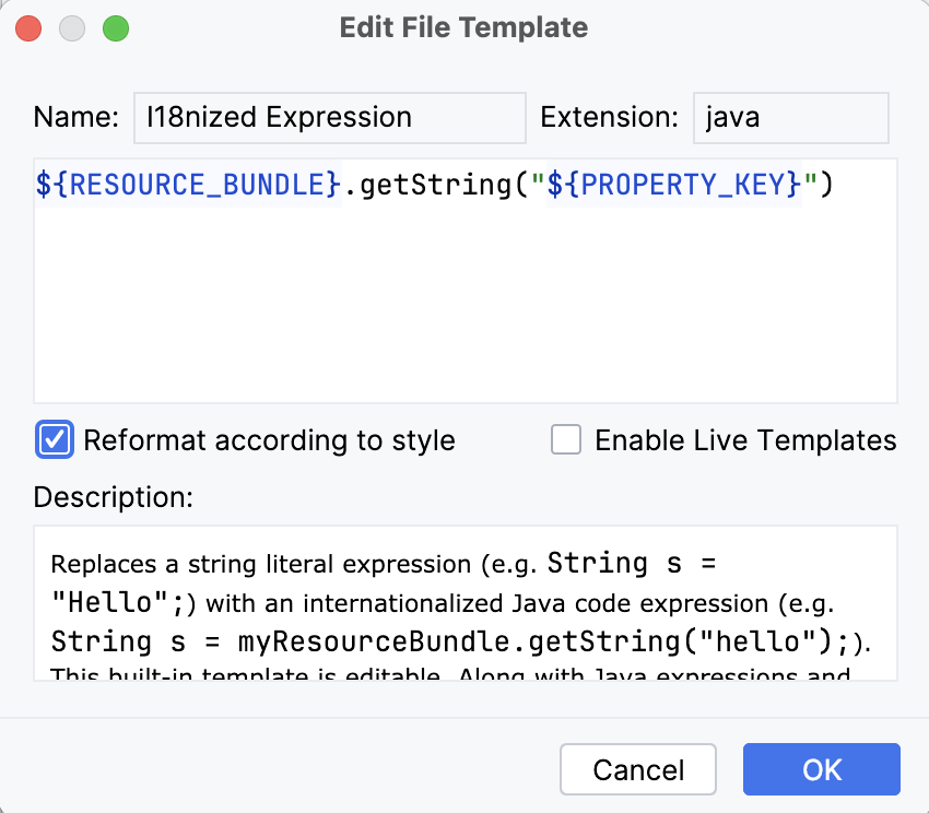 Edit File Templates dialog Edit File Templates dialog