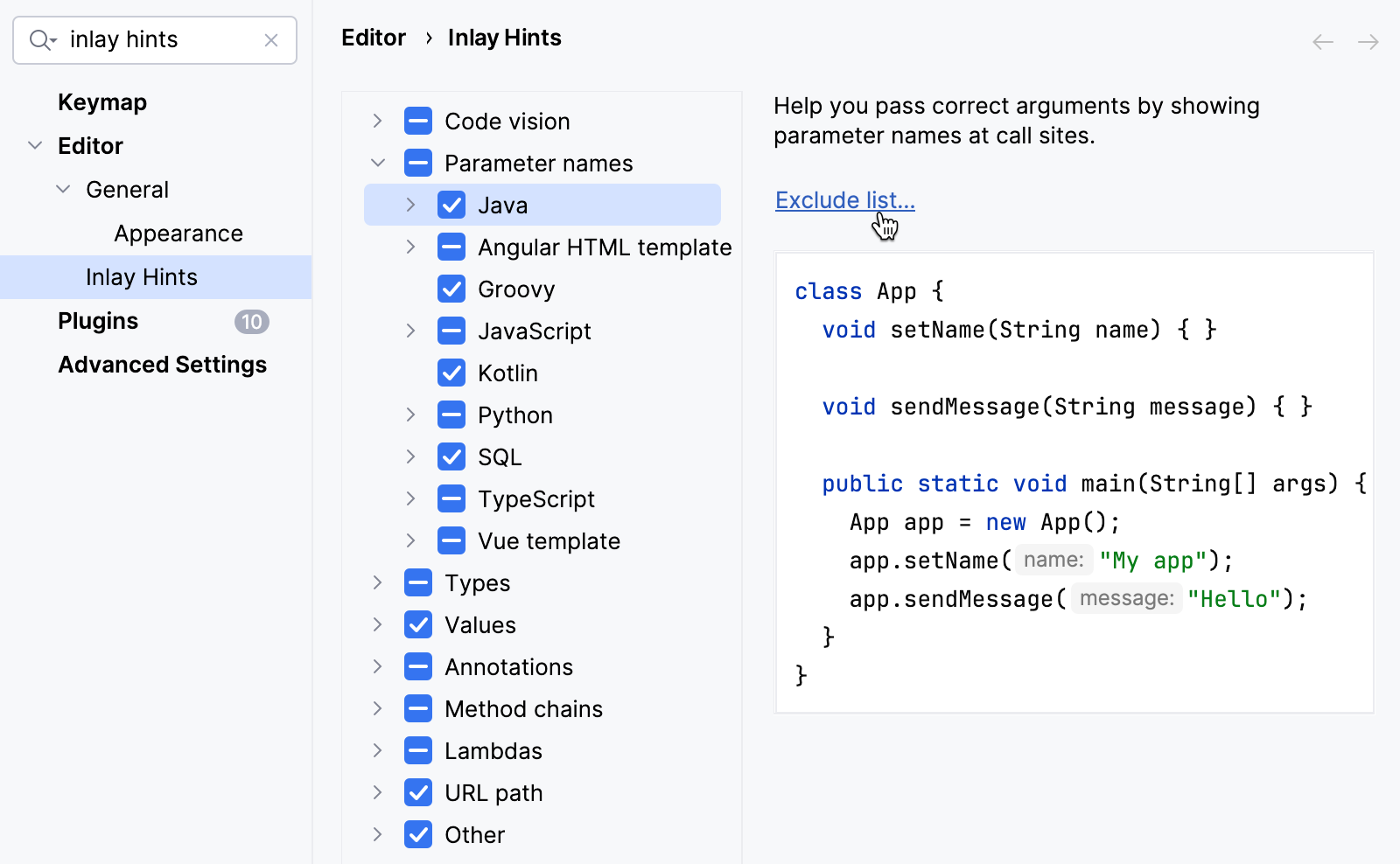 Exclude list for 'Java' in Settings | Inlay Hints