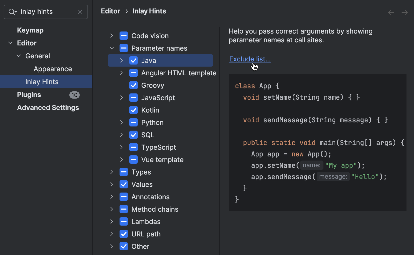 List Inlay Inlay hints | IntelliJ IDEA Documentation