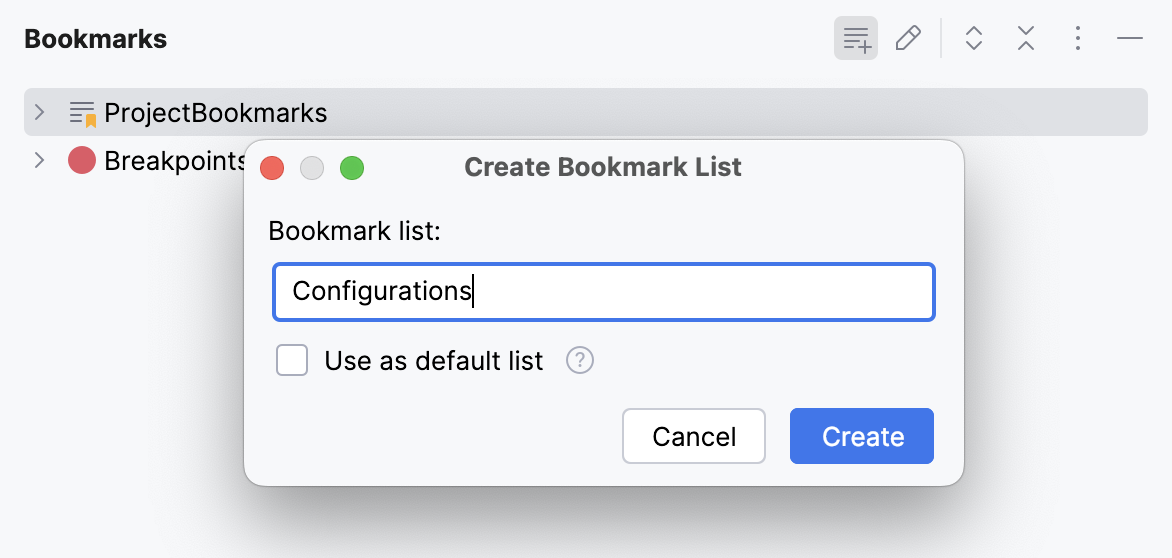 Creating new bookmark list Creating new bookmark list