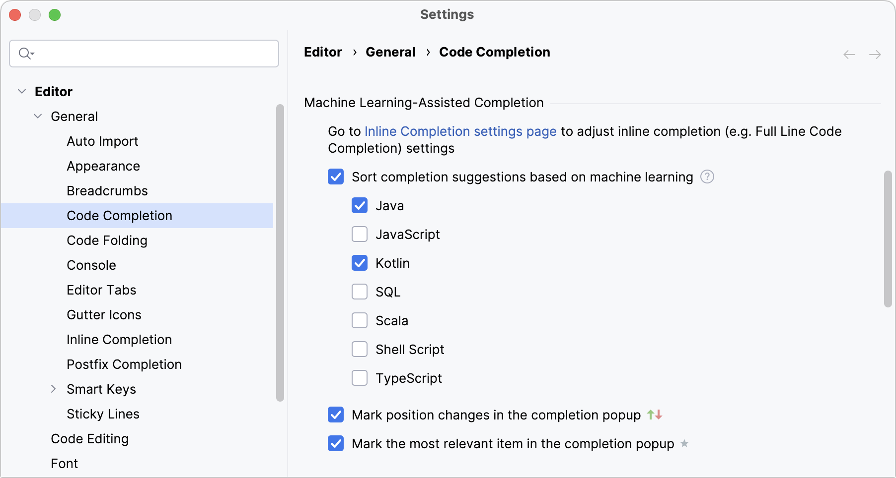 ML-assisted completion settings ML-assisted completion settings