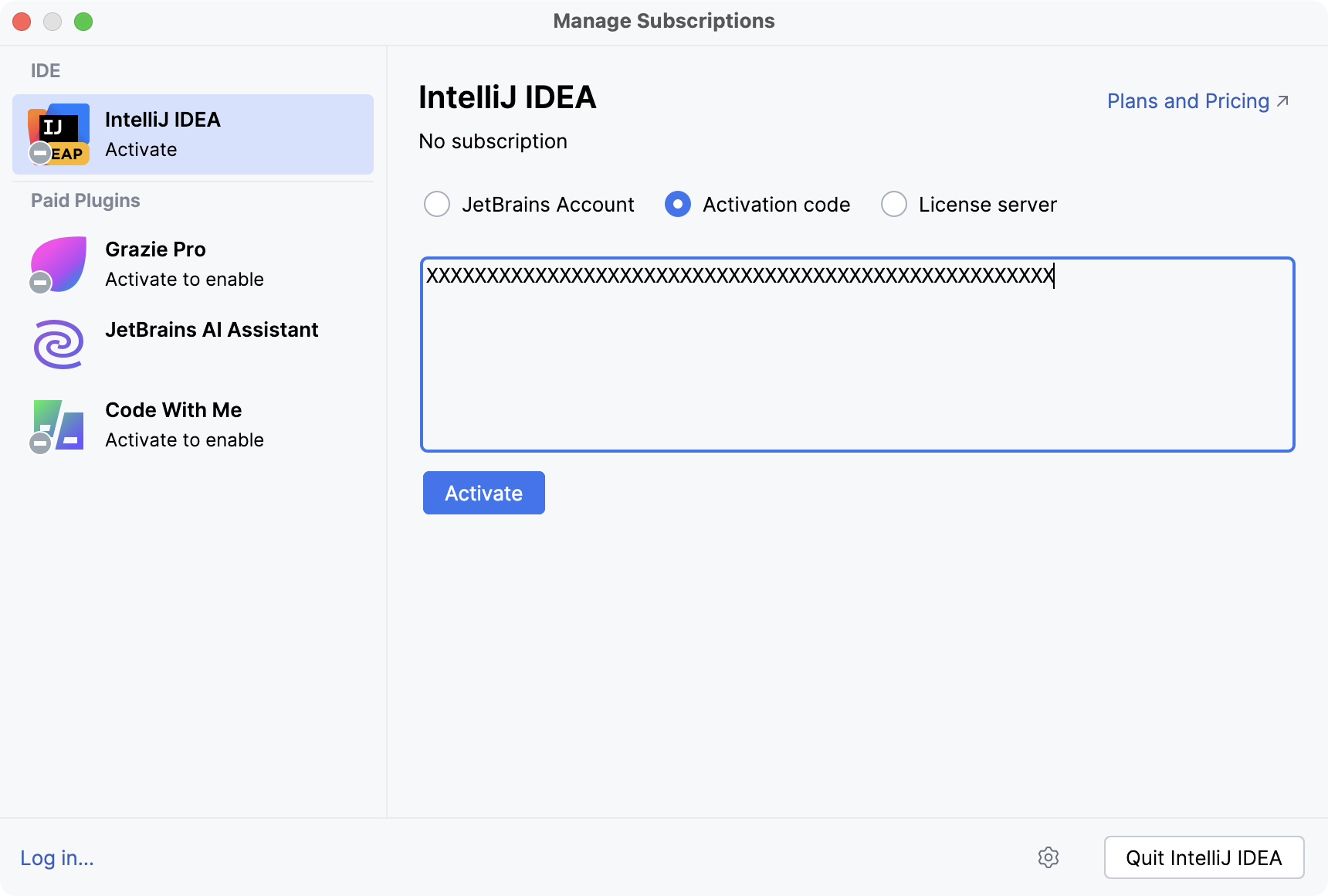 Activate IntelliJ IDEA license with an activation code Activate IntelliJ IDEA license with an activation code