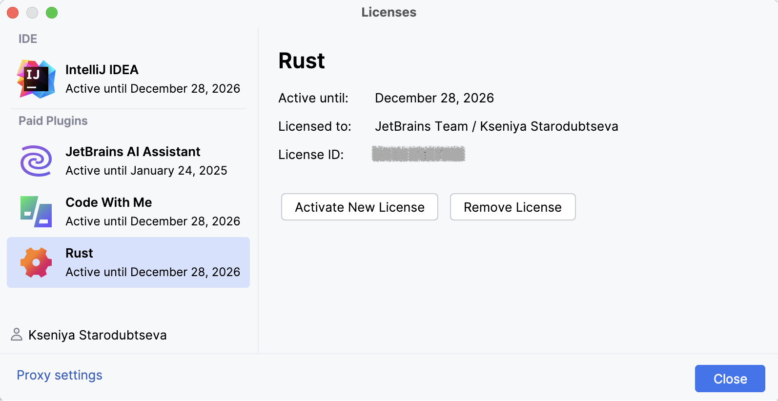 Activating Rust plugin from the Licences dialog Activating Rust plugin from the Licences dialog