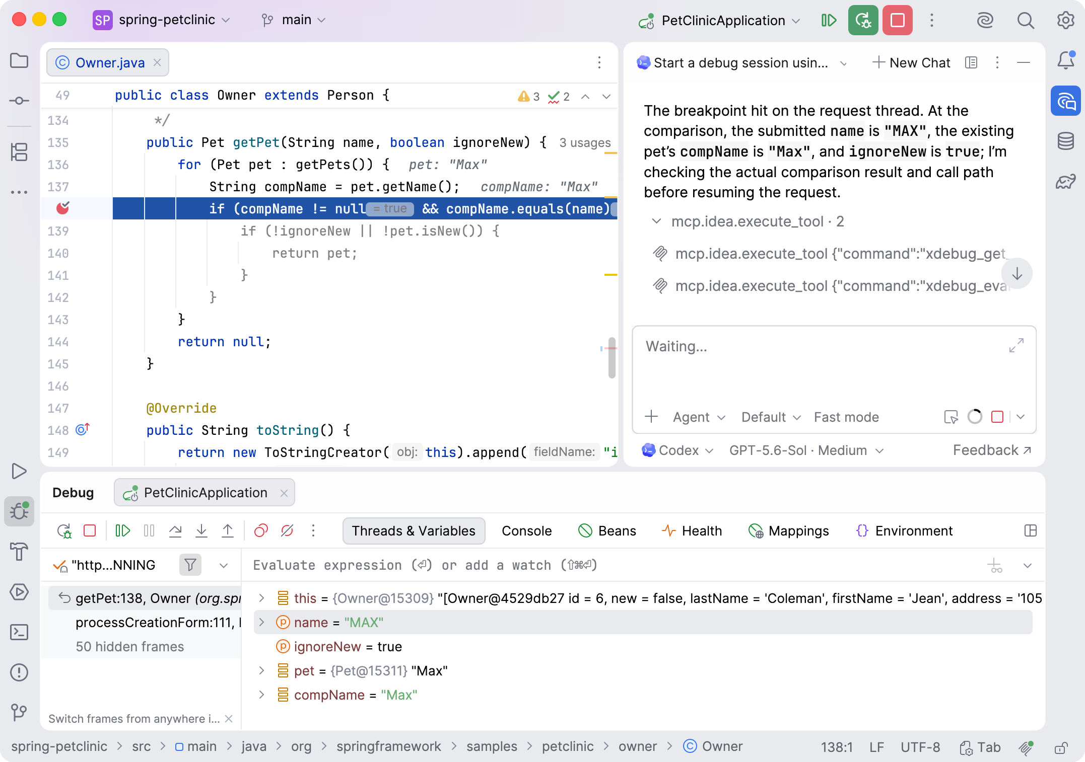 IntelliJ IDEA paused at a breakpoint in getPet(), with the Debug tool window showing the call stack and the mismatched name and compName variable values IntelliJ IDEA paused at a breakpoint in getPet(), with the Debug tool window showing the call stack and the mismatched name and compName variable values