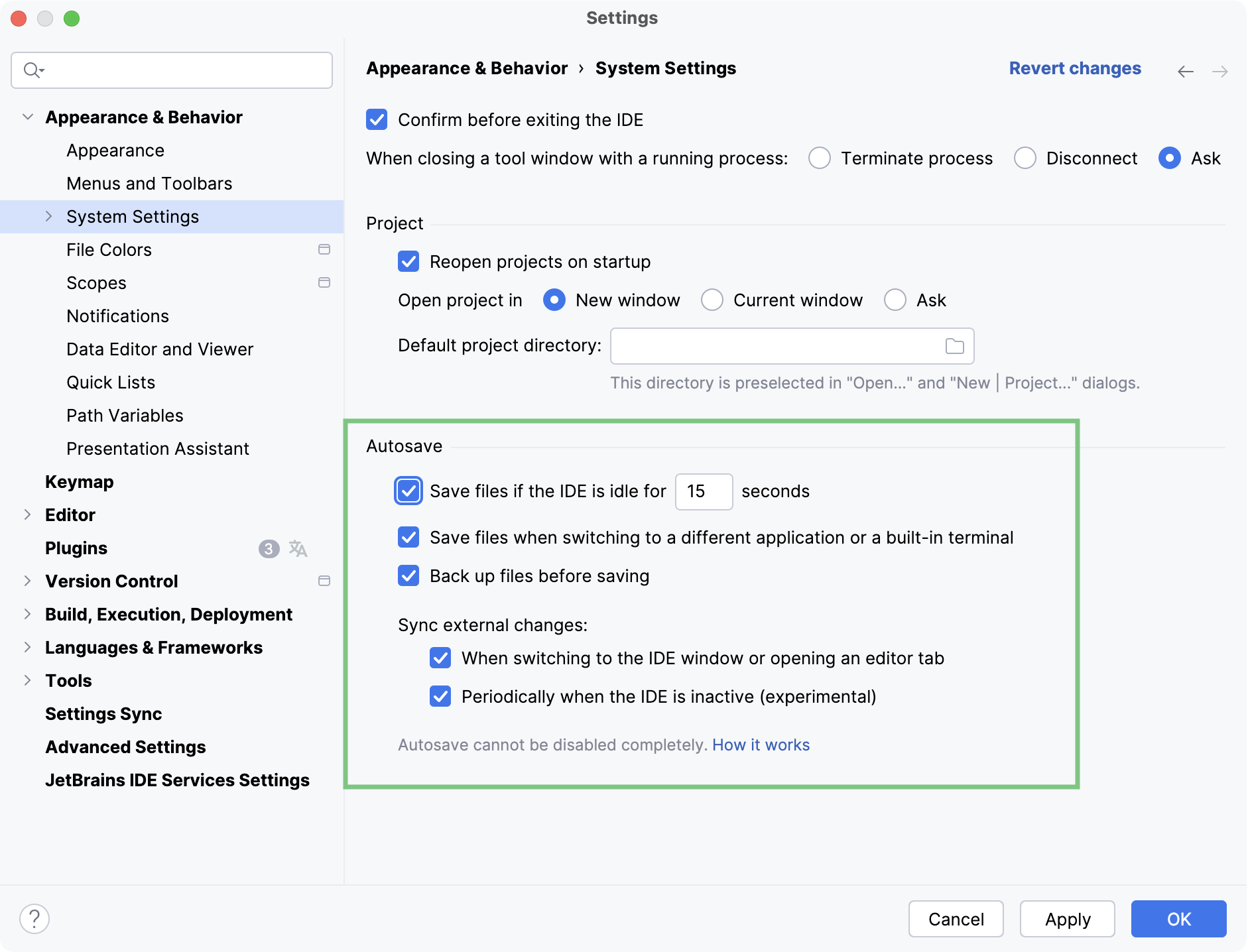 Configure autosave behavior Configure autosave behavior