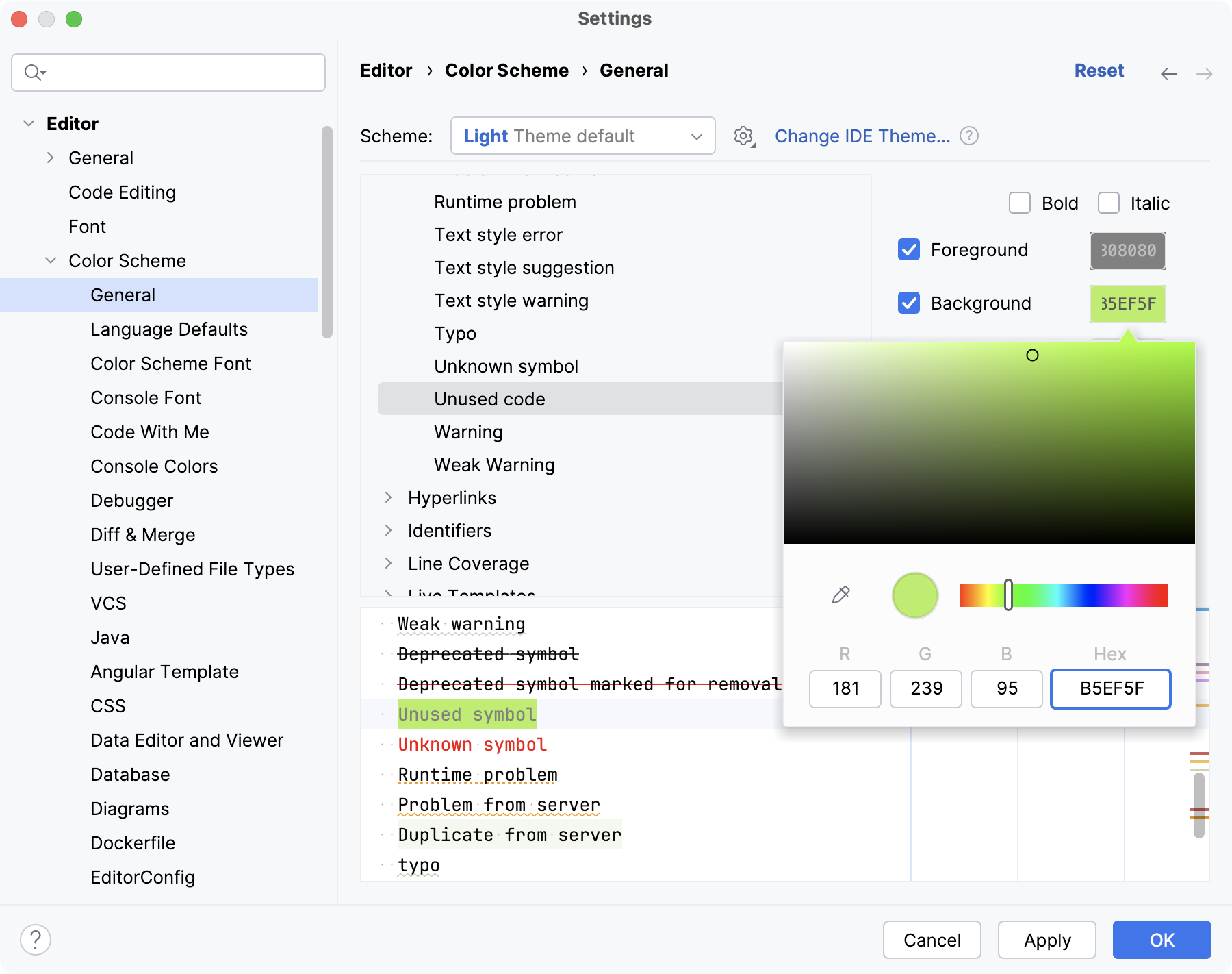 Changing the unused code highlighting color Changing the unused code highlighting color
