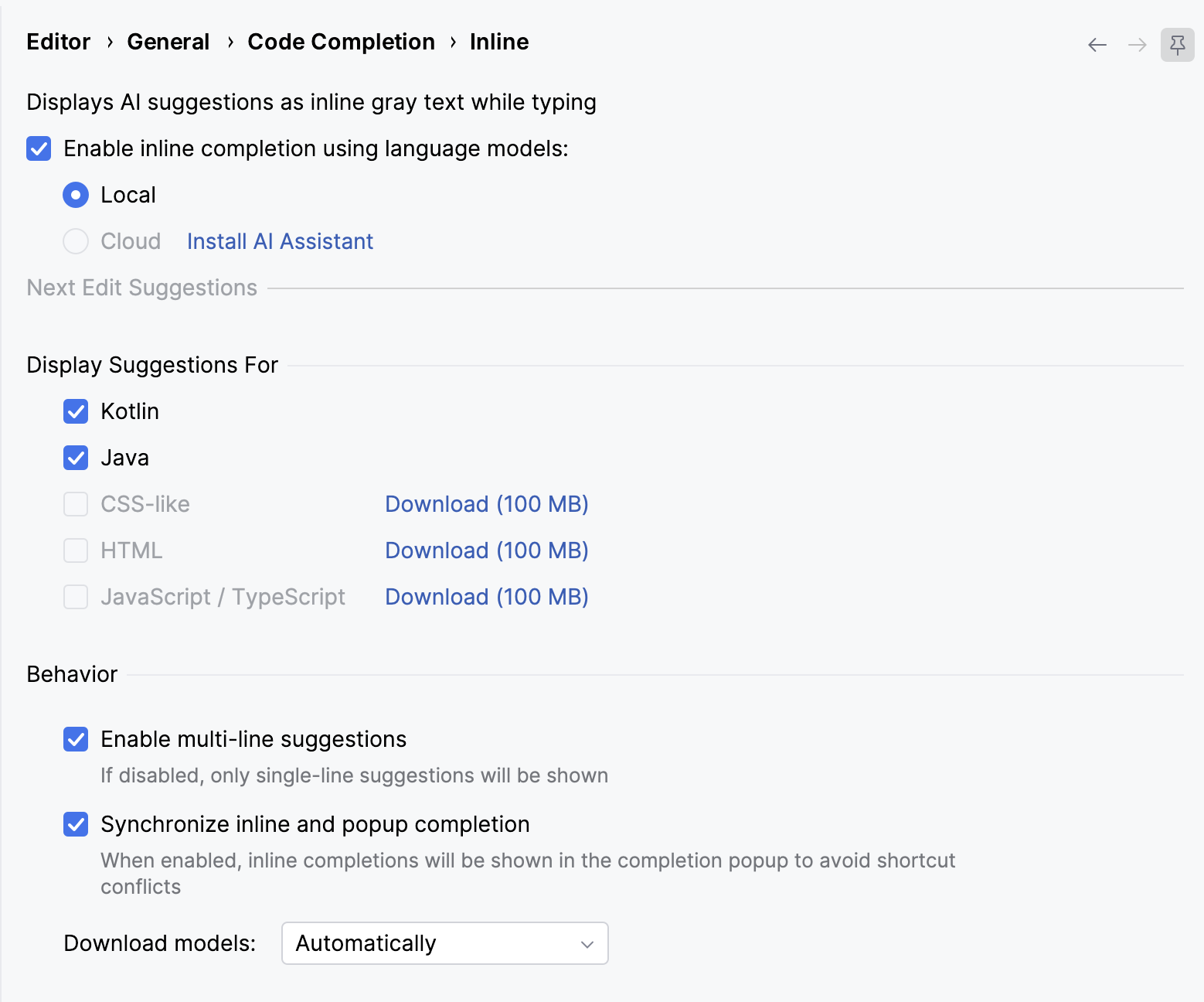 Enabling full line code completion Enabling full line code completion