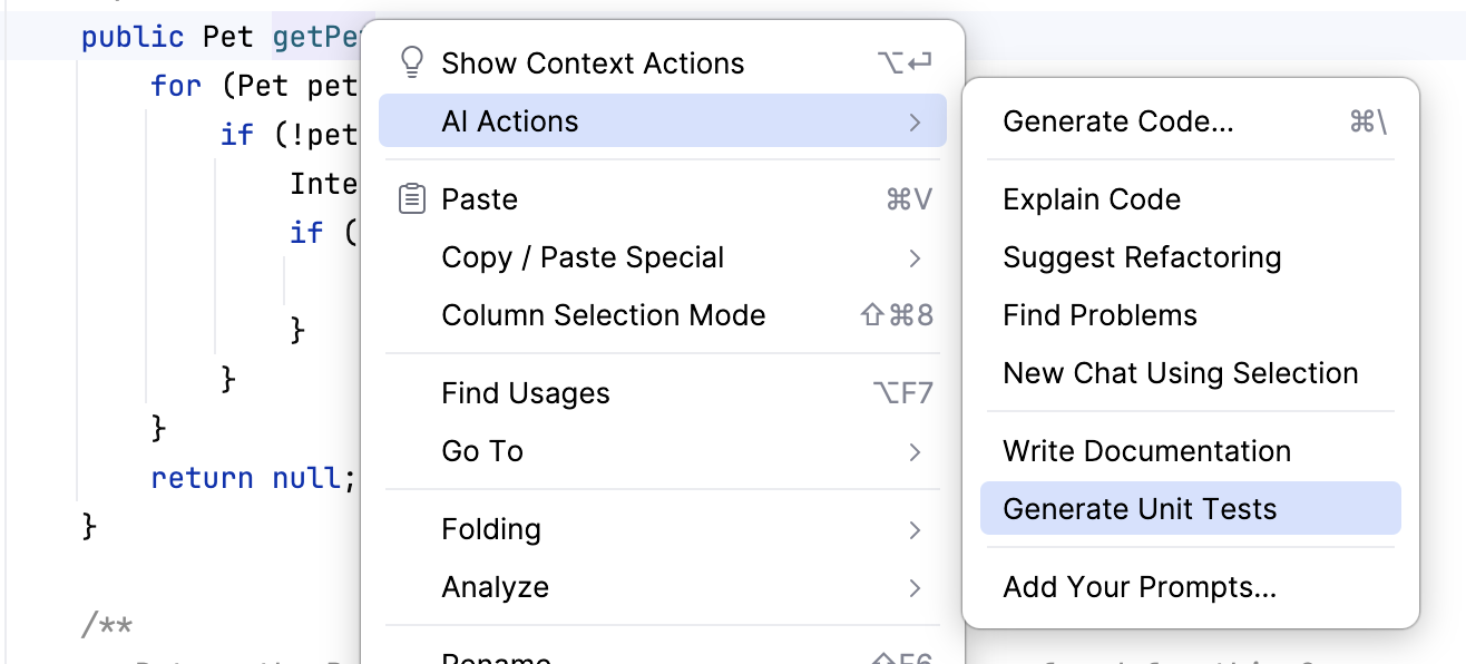 Generate Unit Tests action in context menu Generate Unit Tests action in context menu