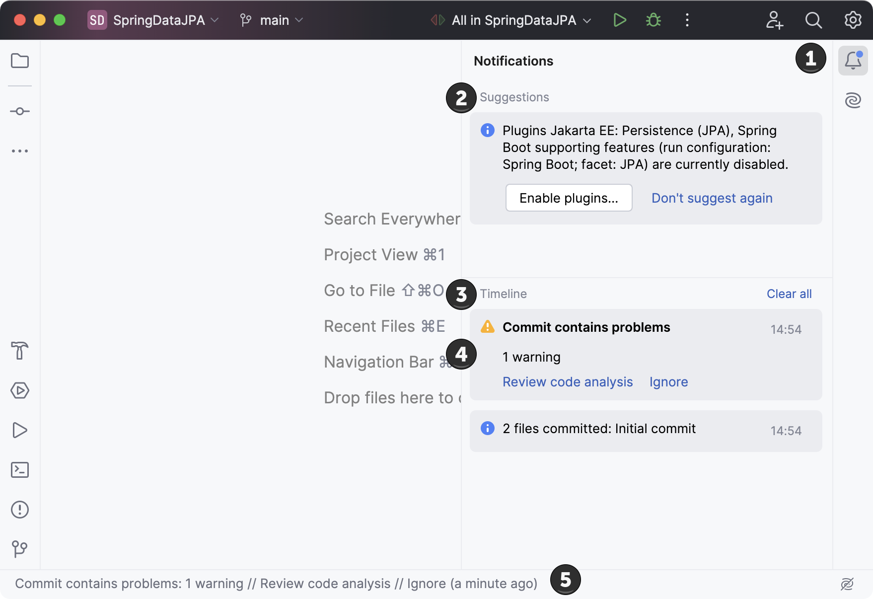Notifications tool window in IntelliJ IDEA with Suggestions and Timeline sections, showing plugin recommendations and commit warnings Notifications tool window in IntelliJ IDEA with Suggestions and Timeline sections, showing plugin recommendations and commit warnings