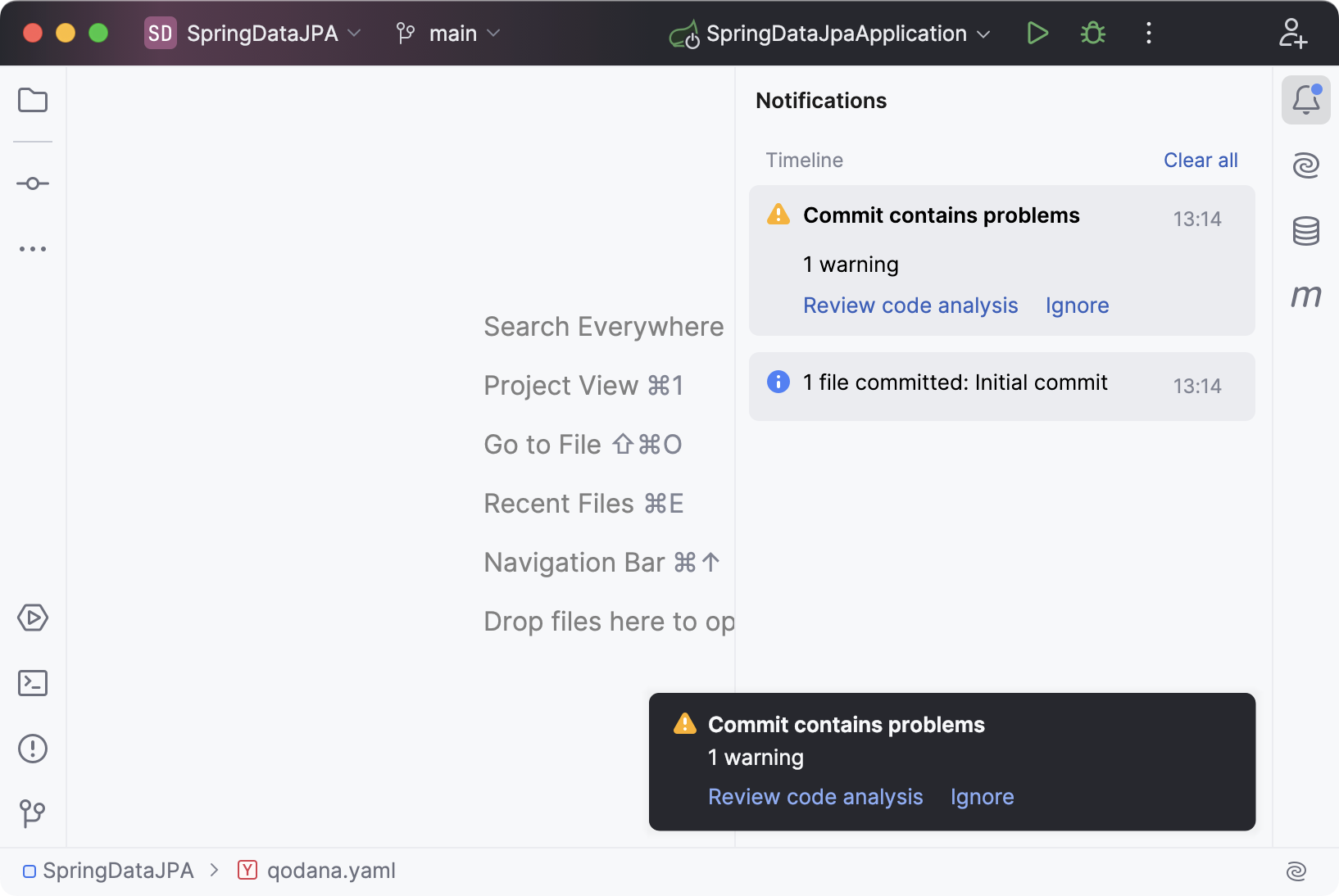 Notification balloon warning about commit problems in the bottom right corner, with the Notifications timeline open Notification balloon warning about commit problems in the bottom right corner, with the Notifications timeline open