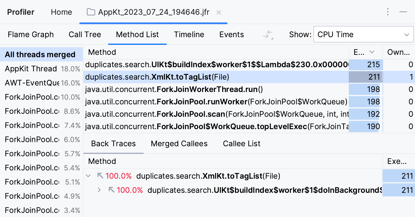 method list tab in the profiler results method list tab in the profiler results