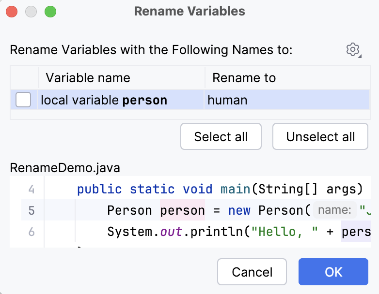 Ij rename variables dialog Ij rename variables dialog