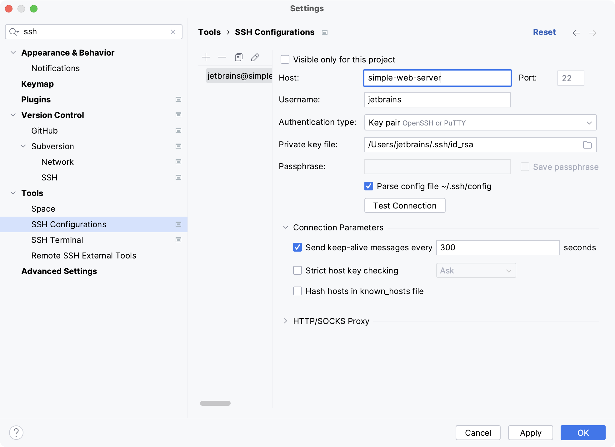 SSH configurations dialog SSH configurations dialog
