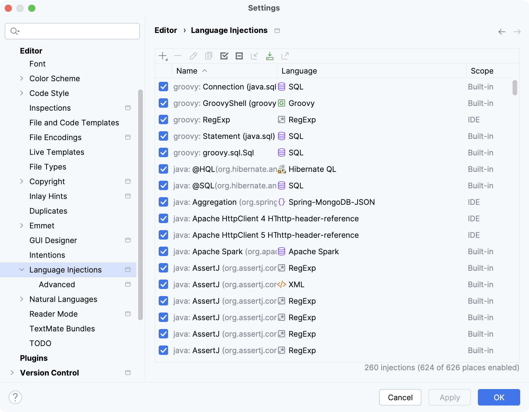 Language injections settings Language injections settings