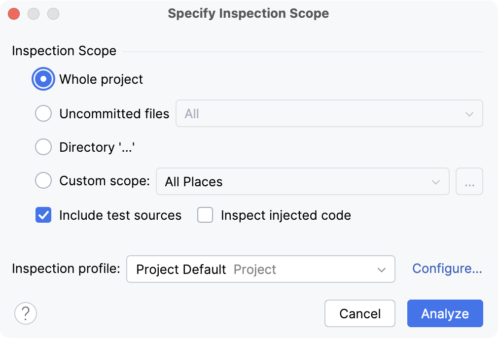 The Specify Inspection Scope dialog The Specify Inspection Scope dialog